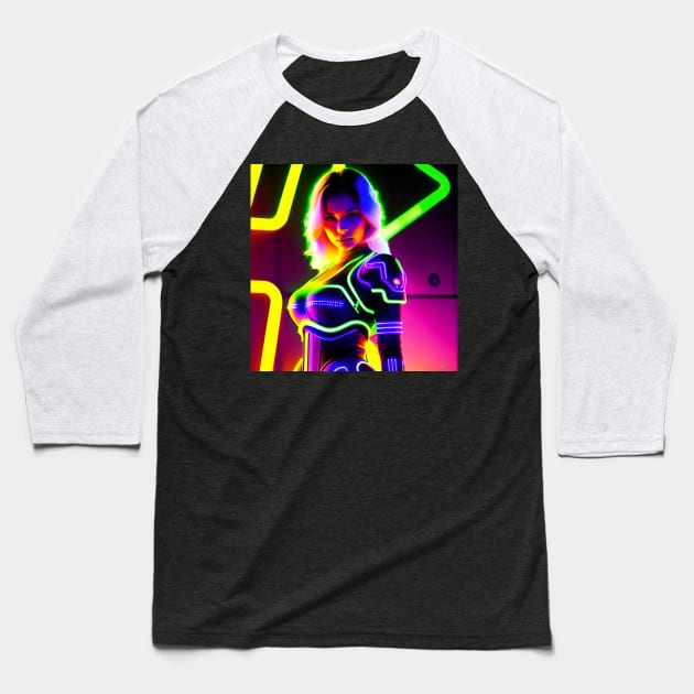 Neon Cyborg Woman - Cyberpunk 75 Baseball T-Shirt by Benito Del Ray